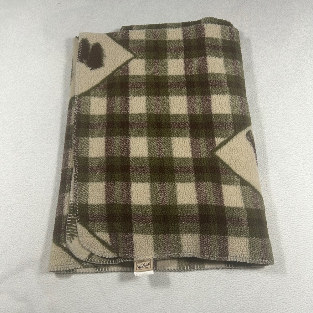 Woolrich Fleece Throw Blanket Green Brown Plaid Moose Pine Cabin Lodge 69x48